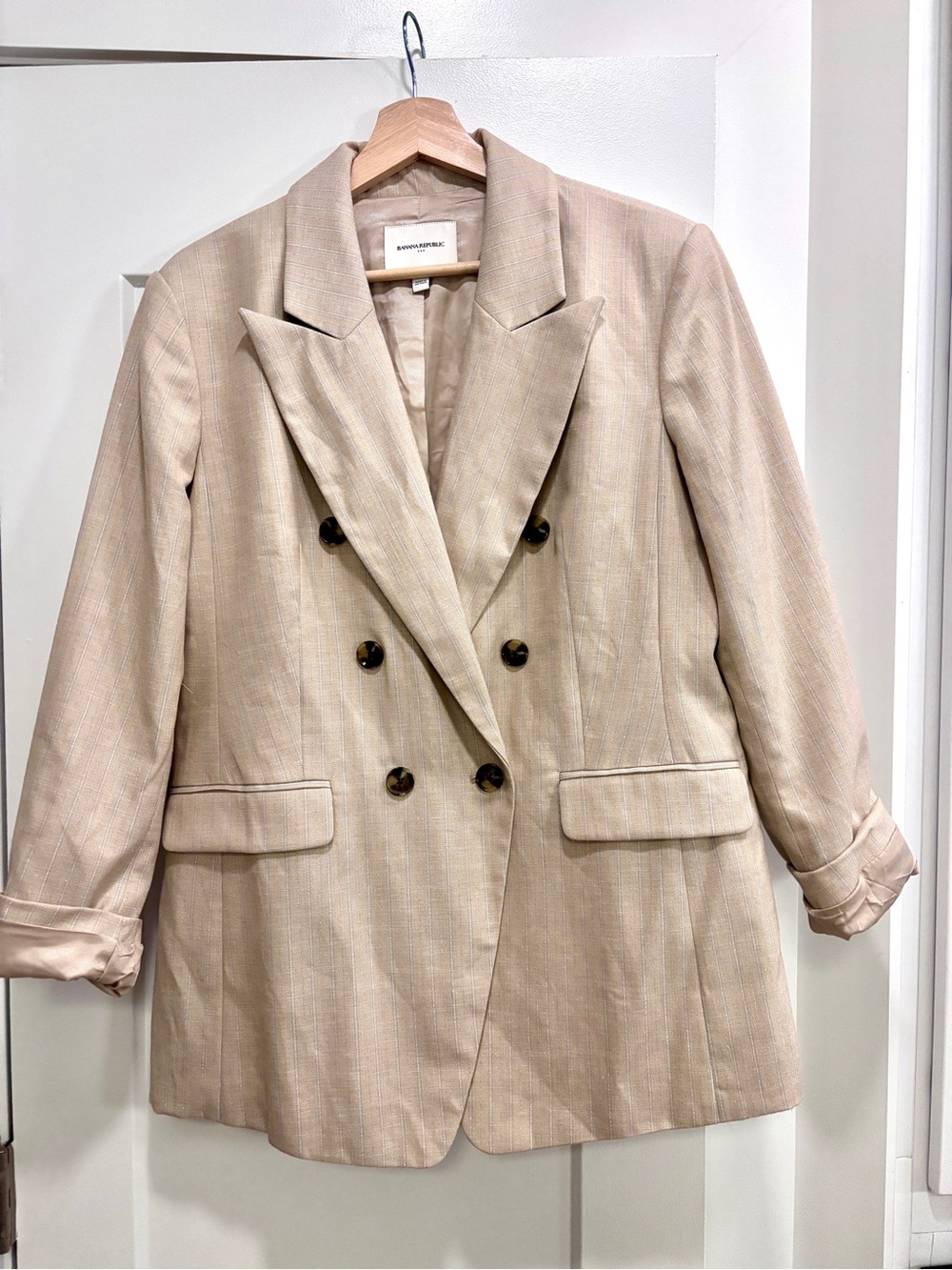 Banana Republic Double Breasted Plaid Blazer Tan Beige Size 16